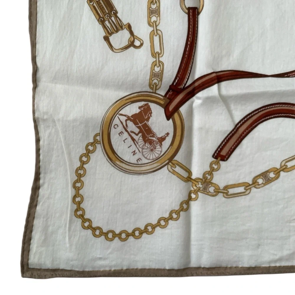 Authentic Celine Vintage Equestrian Chain Print Handkerchief in White and Brown